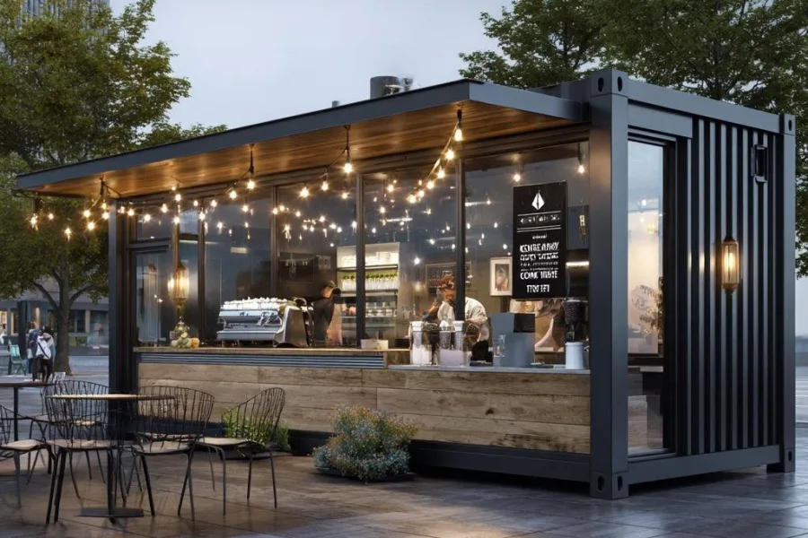 Container café with a serving counter and outdoor seating for takeaway customers