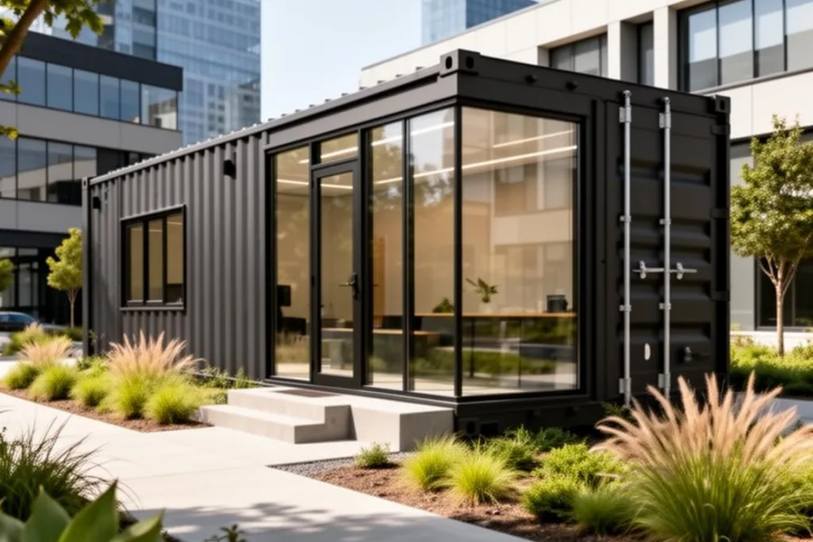 Black modular container office with glazed doors used on a business site