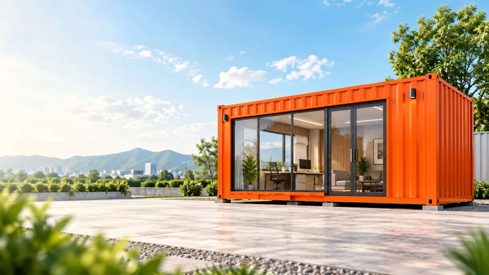 Orange container office by Al Sadiq Services with full-height glass doors and a furnished office inside