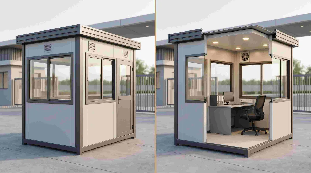 Security guard cabin with tinted windows, shown outside and with a desk and chair inside