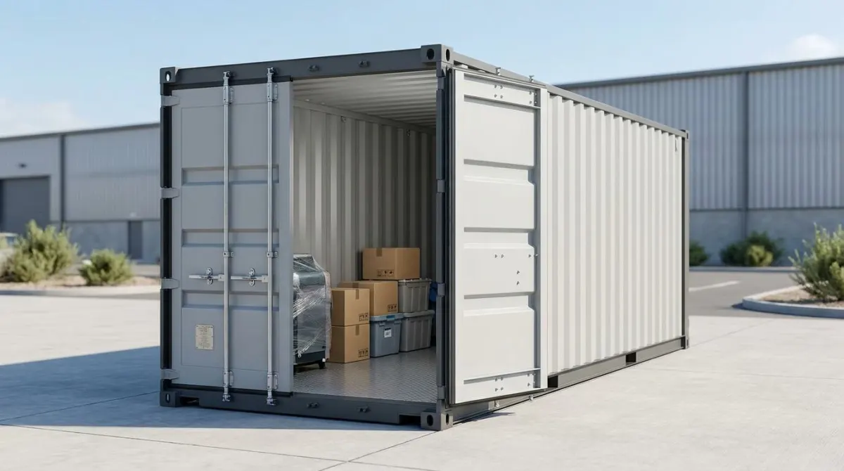 Open 20 ft dry storage container holding boxes and equipment