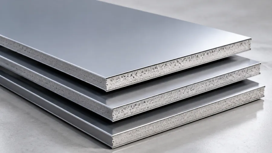 Stack of aluminium composite panels showing the core