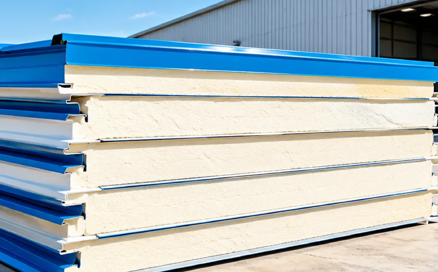Stack of blue insulated sandwich panels